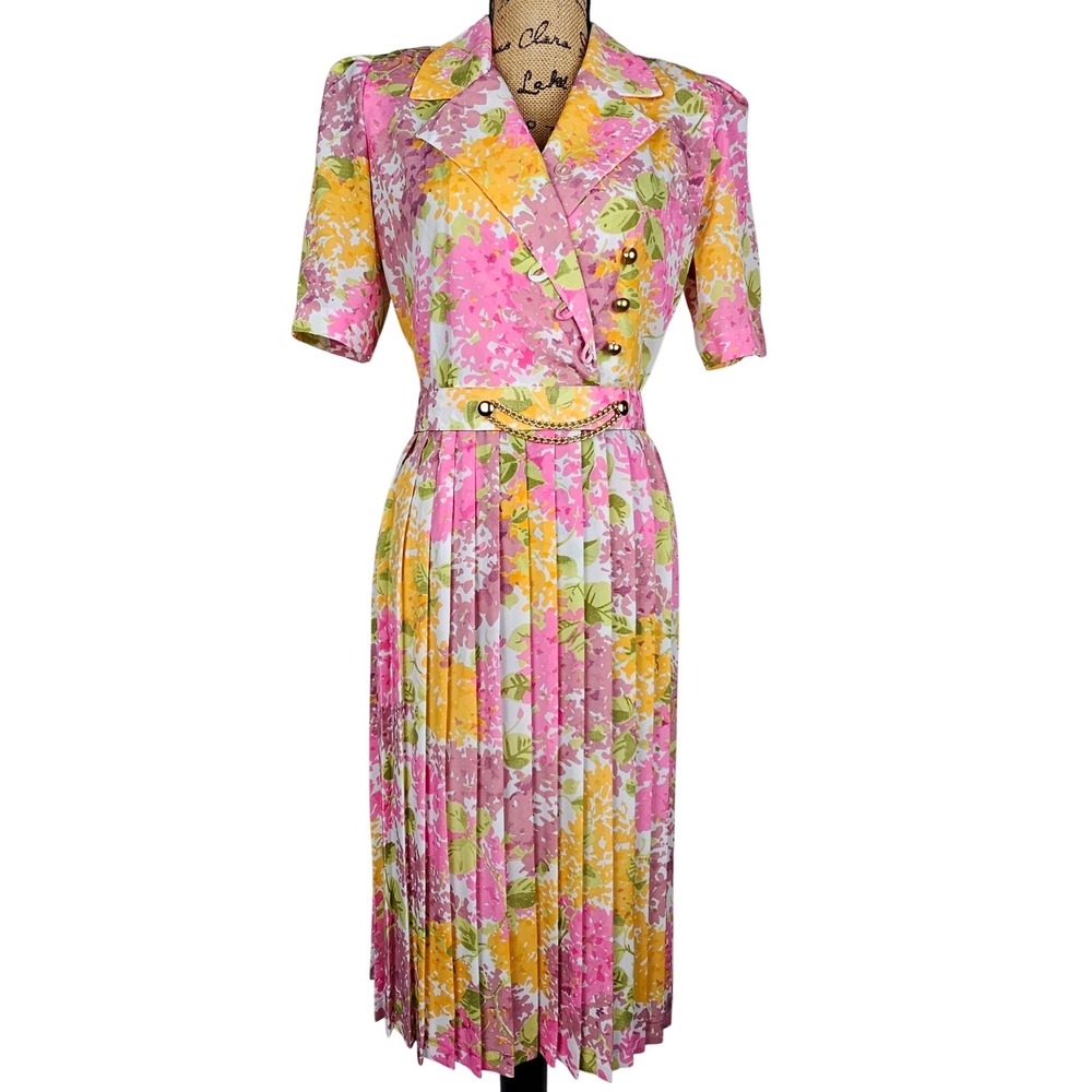 VTG 80's Lady Carol‎ Petites Floral Pink Double Breasted Pleated Midi Dress S. 6